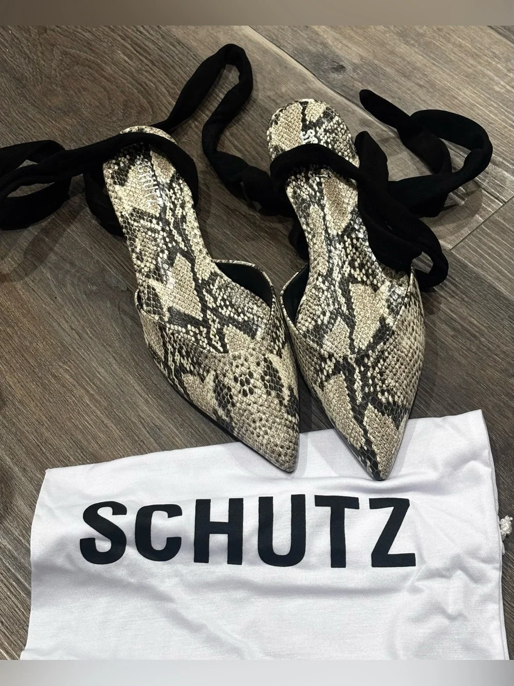 NIB Schutz Barbrah Snake Print Tie Ankle Ballet Flats Black Gray 9.5 Balletcore